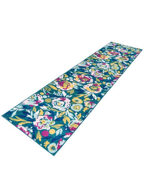 Teal 2' 7 x 12' Bloom Runner Area Rug 100% Polypropylene With Cotton Backing Easy Clean Colorful Blooming Flower Floral Carpet for Living Dining Room Office Dorms for Sale at Rug Engine