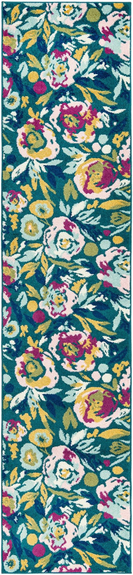 Teal 2' 7 x 12' Bloom Runner Area Rug 100% Polypropylene With Cotton Backing Easy Clean Colorful Blooming Flower Floral Carpet for Living Dining Room Office Dorms for Sale at Rug Engine