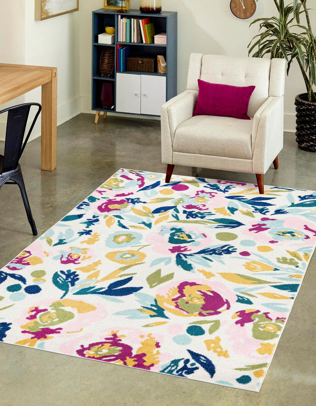 White 2' x 3' 1 Bloom Rectangle Area Rug 100% Polypropylene With Cotton Backing Easy Clean Colorful Blooming Flower Floral Carpet for Living Dining Room Office Dorms for Sale at Rug Engine