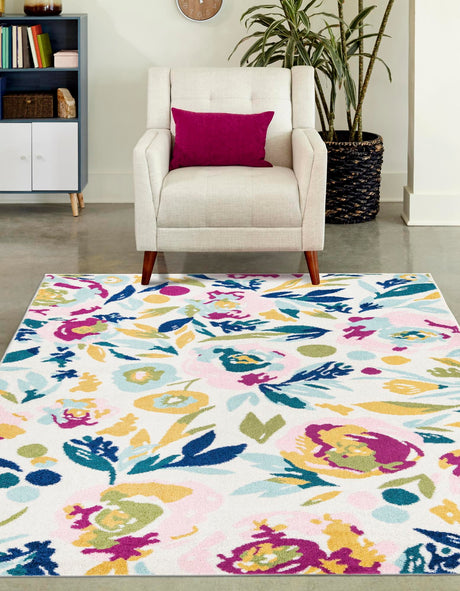White 4' x 6' Bloom Rectangle Area Rug 100% Polypropylene With Cotton Backing Easy Clean Colorful Blooming Flower Floral Carpet for Living Dining Room Office Dorms for Sale at Rug Engine