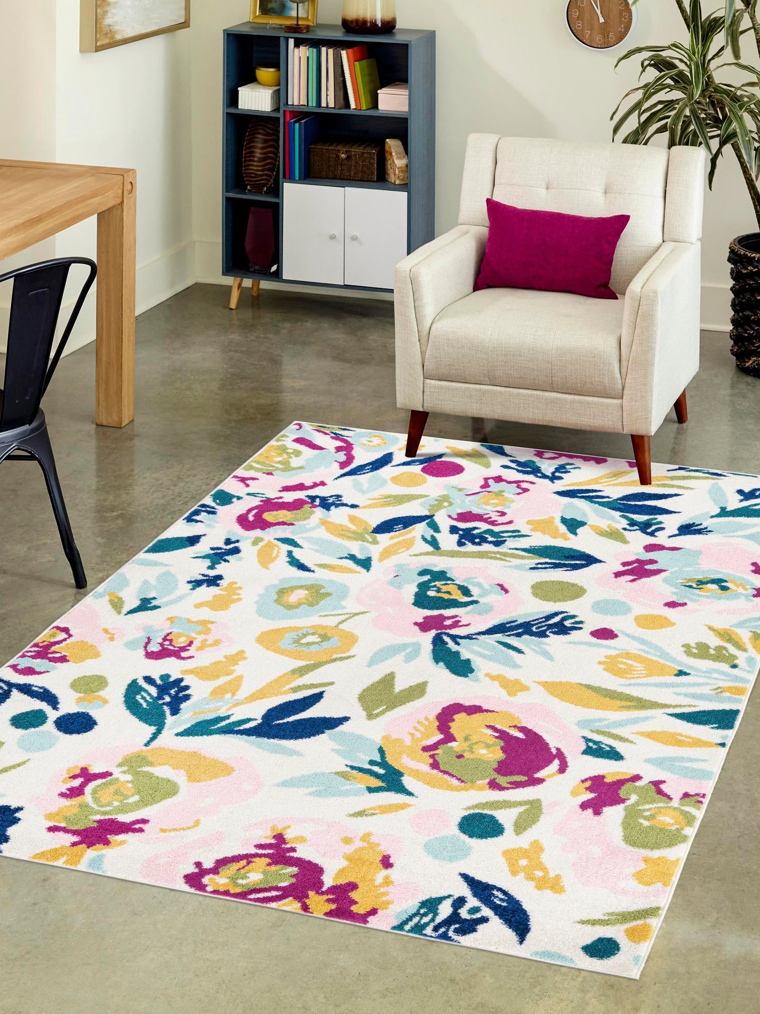 White 9' x 12' Bloom Rectangle Area Rug 100% Polypropylene With Cotton Backing Easy Clean Colorful Blooming Flower Floral Carpet for Living Dining Room Office Dorms for Sale at Rug Engine