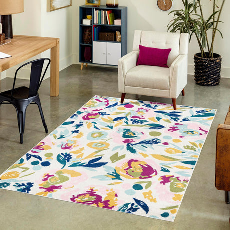 White 9' x 12' Bloom Rectangle Area Rug 100% Polypropylene With Cotton Backing Easy Clean Colorful Blooming Flower Floral Carpet for Living Dining Room Office Dorms for Sale at Rug Engine