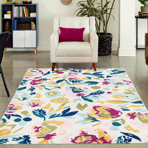 White 10' x 14' Bloom Rectangle Area Rug 100% Polypropylene With Cotton Backing Easy Clean Colorful Blooming Flower Floral Carpet for Living Dining Room Office Dorms for Sale at Rug Engine