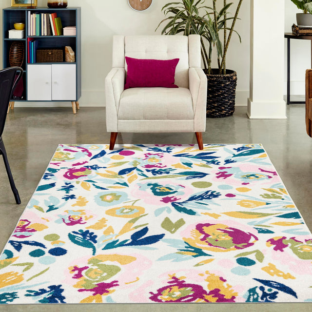 White 10' x 14' Bloom Rectangle Area Rug 100% Polypropylene With Cotton Backing Easy Clean Colorful Blooming Flower Floral Carpet for Living Dining Room Office Dorms for Sale at Rug Engine