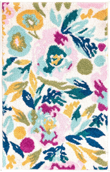 White 2' x 3' 1 Bloom Rectangle Area Rug 100% Polypropylene With Cotton Backing Easy Clean Colorful Blooming Flower Floral Carpet for Living Dining Room Office Dorms for Sale at Rug Engine