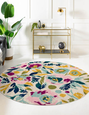 White 7' x 7' Bloom Round Area Rug 100% Polypropylene With Cotton Backing Easy Clean Colorful Blooming Flower Floral Carpet for Living Dining Room Office Dorms for Sale at Rug Engine