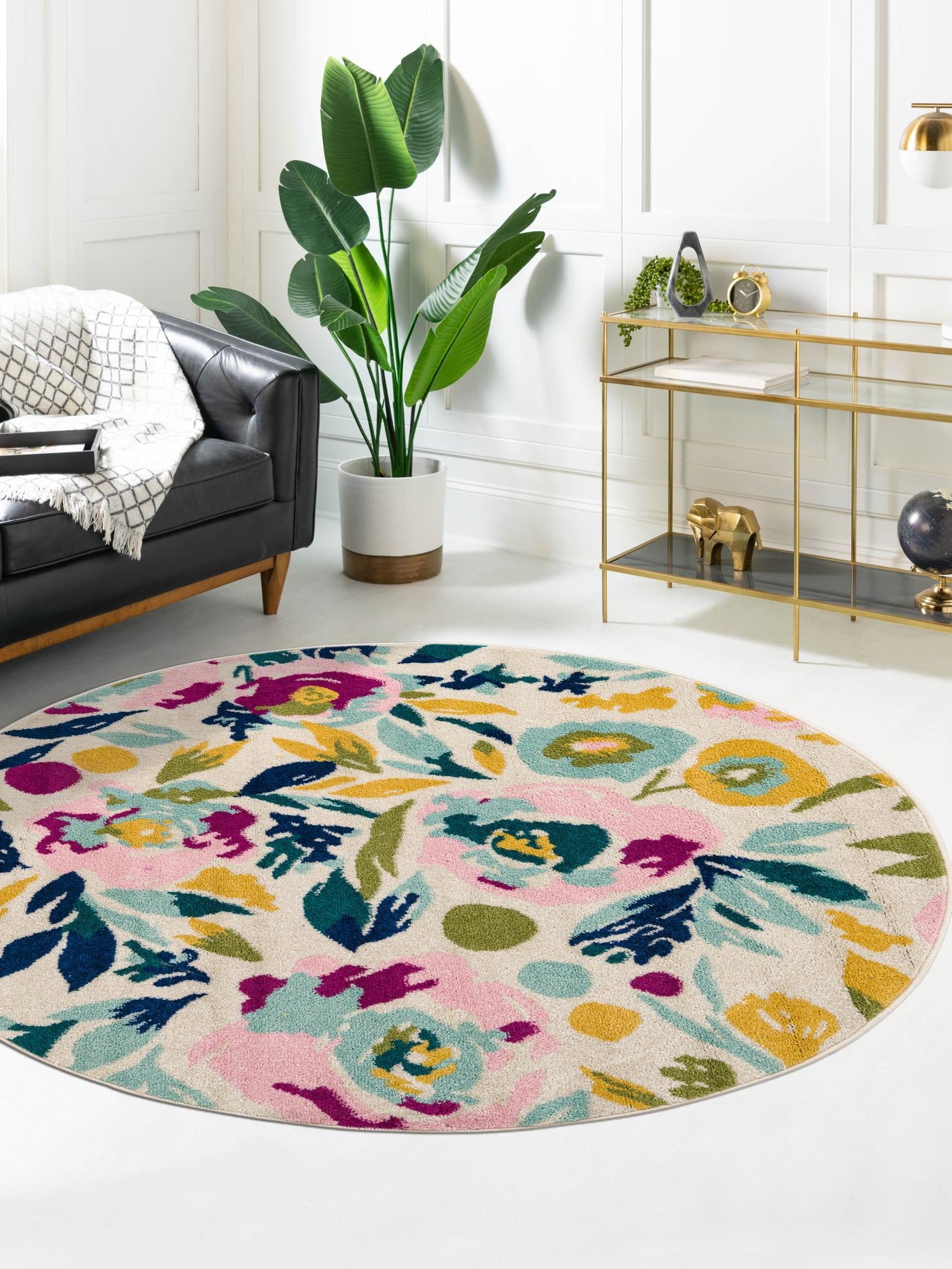White 5' 3 x 5' 3 Bloom Round Area Rug 100% Polypropylene With Cotton Backing Easy Clean Colorful Blooming Flower Floral Carpet for Living Dining Room Office Dorms for Sale at Rug Engine