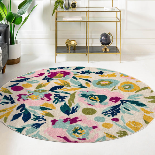 White 7' x 7' Bloom Round Area Rug 100% Polypropylene With Cotton Backing Easy Clean Colorful Blooming Flower Floral Carpet for Living Dining Room Office Dorms for Sale at Rug Engine