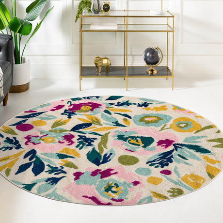 White 5' 3 x 5' 3 Bloom Round Area Rug 100% Polypropylene With Cotton Backing Easy Clean Colorful Blooming Flower Floral Carpet for Living Dining Room Office Dorms for Sale at Rug Engine