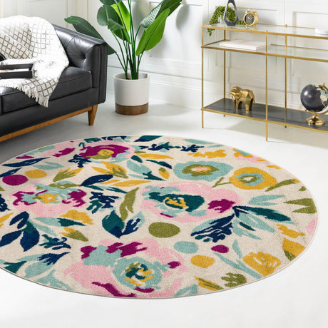 White 5' 3 x 5' 3 Bloom Round Area Rug 100% Polypropylene With Cotton Backing Easy Clean Colorful Blooming Flower Floral Carpet for Living Dining Room Office Dorms for Sale at Rug Engine