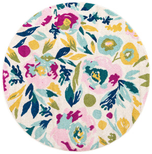 White 5' 3 x 5' 3 Bloom Round Area Rug 100% Polypropylene With Cotton Backing Easy Clean Colorful Blooming Flower Floral Carpet for Living Dining Room Office Dorms for Sale at Rug Engine