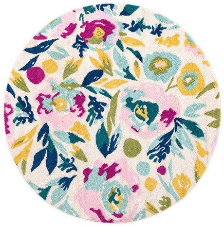 White 5' 3 x 5' 3 Bloom Round Area Rug 100% Polypropylene With Cotton Backing Easy Clean Colorful Blooming Flower Floral Carpet for Living Dining Room Office Dorms for Sale at Rug Engine