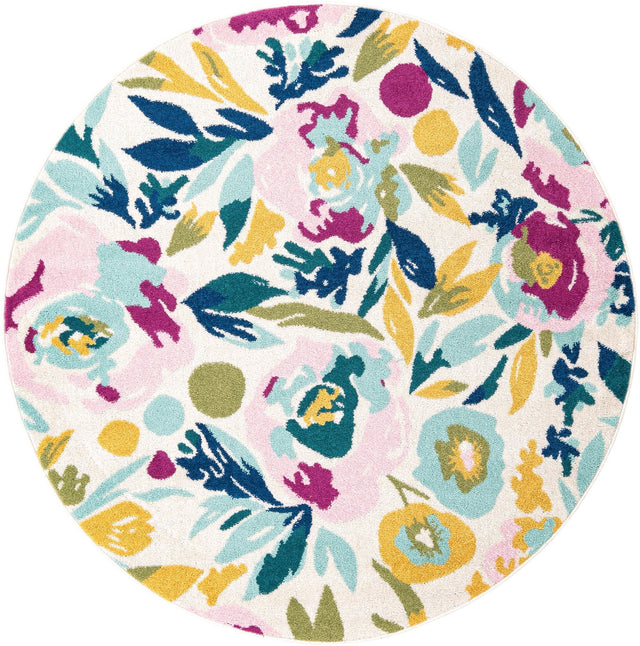 White 6' 1 x 6' 1 Bloom Round Area Rug 100% Polypropylene With Cotton Backing Easy Clean Colorful Blooming Flower Floral Carpet for Living Dining Room Office Dorms for Sale at Rug Engine
