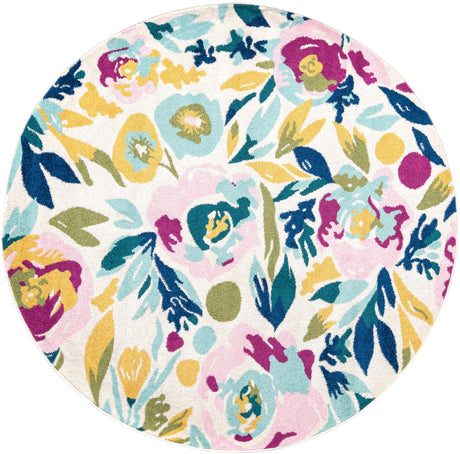 White 7' x 7' Bloom Round Area Rug 100% Polypropylene With Cotton Backing Easy Clean Colorful Blooming Flower Floral Carpet for Living Dining Room Office Dorms for Sale at Rug Engine