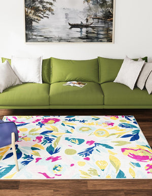 White 7' 10 x 7' 10 Bloom Square Area Rug 100% Polypropylene With Cotton Backing Easy Clean Colorful Blooming Flower Floral Carpet for Living Dining Room Office Dorms for Sale at Rug Engine