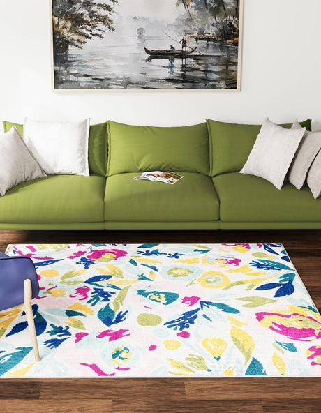 White 7' 10 x 7' 10 Bloom Square Area Rug 100% Polypropylene With Cotton Backing Easy Clean Colorful Blooming Flower Floral Carpet for Living Dining Room Office Dorms for Sale at Rug Engine