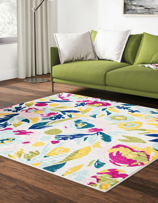 White 7' 10 x 7' 10 Bloom Square Area Rug 100% Polypropylene With Cotton Backing Easy Clean Colorful Blooming Flower Floral Carpet for Living Dining Room Office Dorms for Sale at Rug Engine