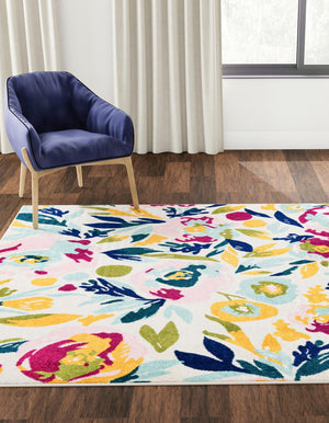 White 7' 10 x 7' 10 Bloom Square Area Rug 100% Polypropylene With Cotton Backing Easy Clean Colorful Blooming Flower Floral Carpet for Living Dining Room Office Dorms for Sale at Rug Engine