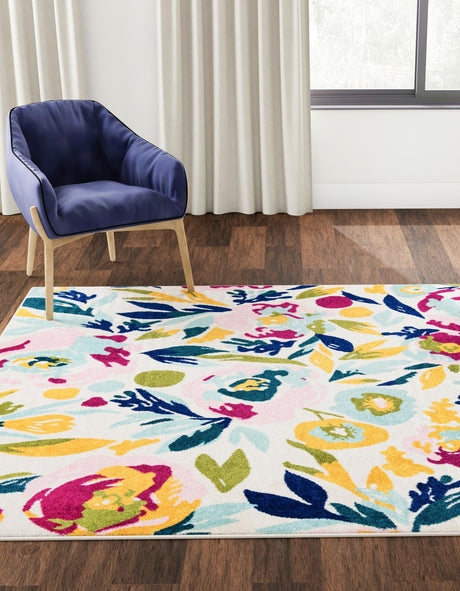 White 7' 10 x 7' 10 Bloom Square Area Rug 100% Polypropylene With Cotton Backing Easy Clean Colorful Blooming Flower Floral Carpet for Living Dining Room Office Dorms for Sale at Rug Engine