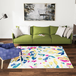 White 7' 10 x 7' 10 Bloom Square Area Rug 100% Polypropylene With Cotton Backing Easy Clean Colorful Blooming Flower Floral Carpet for Living Dining Room Office Dorms for Sale at Rug Engine
