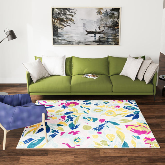 White 7' 10 x 7' 10 Bloom Square Area Rug 100% Polypropylene With Cotton Backing Easy Clean Colorful Blooming Flower Floral Carpet for Living Dining Room Office Dorms for Sale at Rug Engine