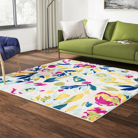 White 7' 10 x 7' 10 Bloom Square Area Rug 100% Polypropylene With Cotton Backing Easy Clean Colorful Blooming Flower Floral Carpet for Living Dining Room Office Dorms for Sale at Rug Engine