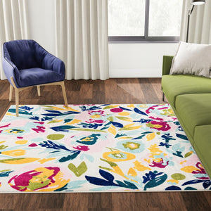 White 7' 10 x 7' 10 Bloom Square Area Rug 100% Polypropylene With Cotton Backing Easy Clean Colorful Blooming Flower Floral Carpet for Living Dining Room Office Dorms for Sale at Rug Engine