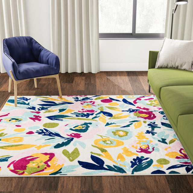 White 7' 10 x 7' 10 Bloom Square Area Rug 100% Polypropylene With Cotton Backing Easy Clean Colorful Blooming Flower Floral Carpet for Living Dining Room Office Dorms for Sale at Rug Engine