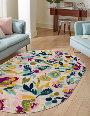 White 5' 3 x 7' 10 Bloom Oval Area Rug 100% Polypropylene With Cotton Backing Easy Clean Colorful Blooming Flower Floral Carpet for Living Dining Room Office Dorms for Sale at Rug Engine