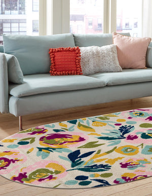 White 5' 3 x 7' 10 Bloom Oval Area Rug 100% Polypropylene With Cotton Backing Easy Clean Colorful Blooming Flower Floral Carpet for Living Dining Room Office Dorms for Sale at Rug Engine