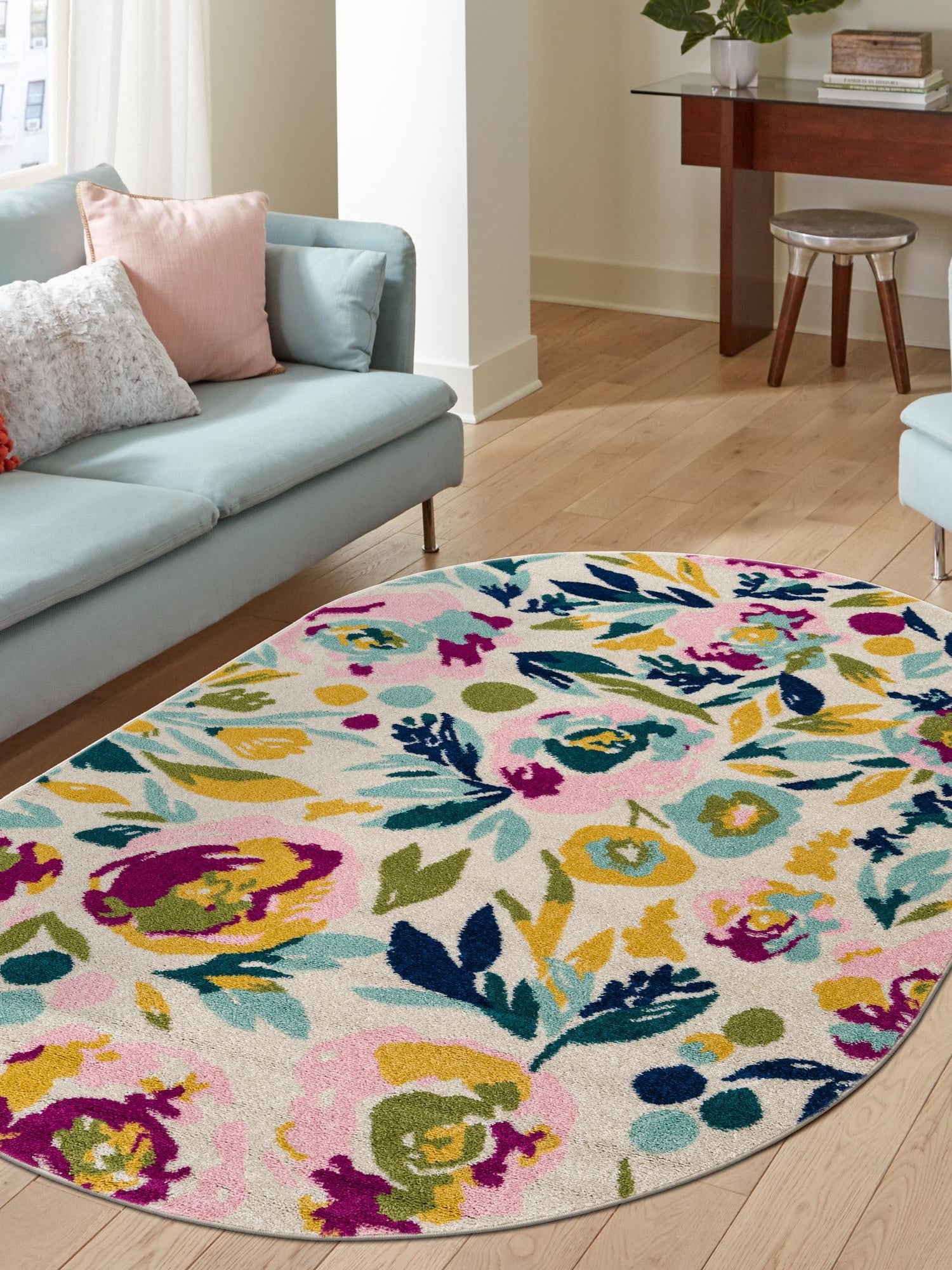 White 6' x 9' Bloom Oval Area Rug 100% Polypropylene With Cotton Backing Easy Clean Colorful Blooming Flower Floral Carpet for Living Dining Room Office Dorms for Sale at Rug Engine