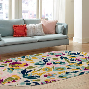 White 6' x 9' Bloom Oval Area Rug 100% Polypropylene With Cotton Backing Easy Clean Colorful Blooming Flower Floral Carpet for Living Dining Room Office Dorms for Sale at Rug Engine