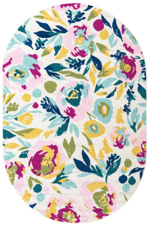 White 5' 3 x 7' 10 Bloom Oval Area Rug 100% Polypropylene With Cotton Backing Easy Clean Colorful Blooming Flower Floral Carpet for Living Dining Room Office Dorms for Sale at Rug Engine