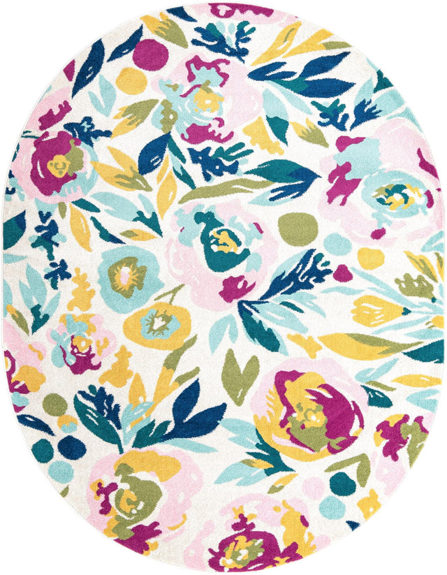 White 7' 10 x 10' Bloom Oval Area Rug 100% Polypropylene With Cotton Backing Easy Clean Colorful Blooming Flower Floral Carpet for Living Dining Room Office Dorms for Sale at Rug Engine
