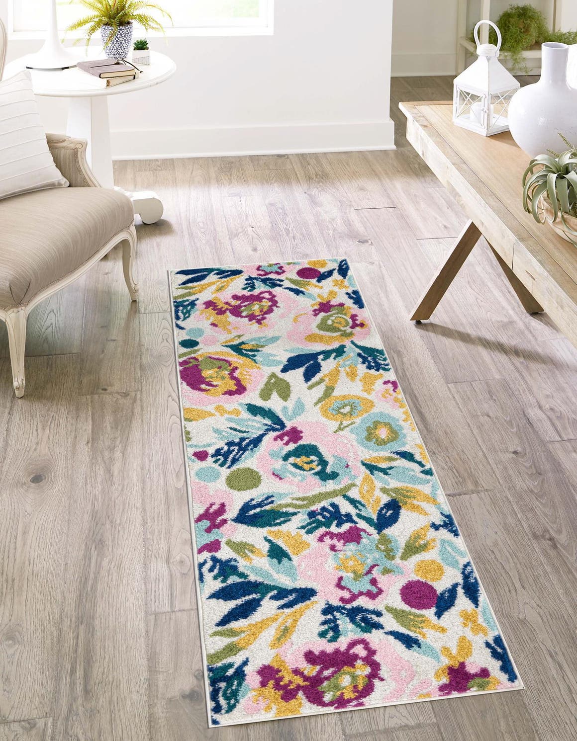 White 2' 7 x 12' Bloom Runner Area Rug 100% Polypropylene With Cotton Backing Easy Clean Colorful Blooming Flower Floral Carpet for Living Dining Room Office Dorms for Sale at Rug Engine