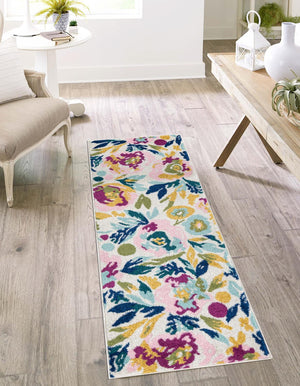 White 2' 7 x 12' Bloom Runner Area Rug 100% Polypropylene With Cotton Backing Easy Clean Colorful Blooming Flower Floral Carpet for Living Dining Room Office Dorms for Sale at Rug Engine