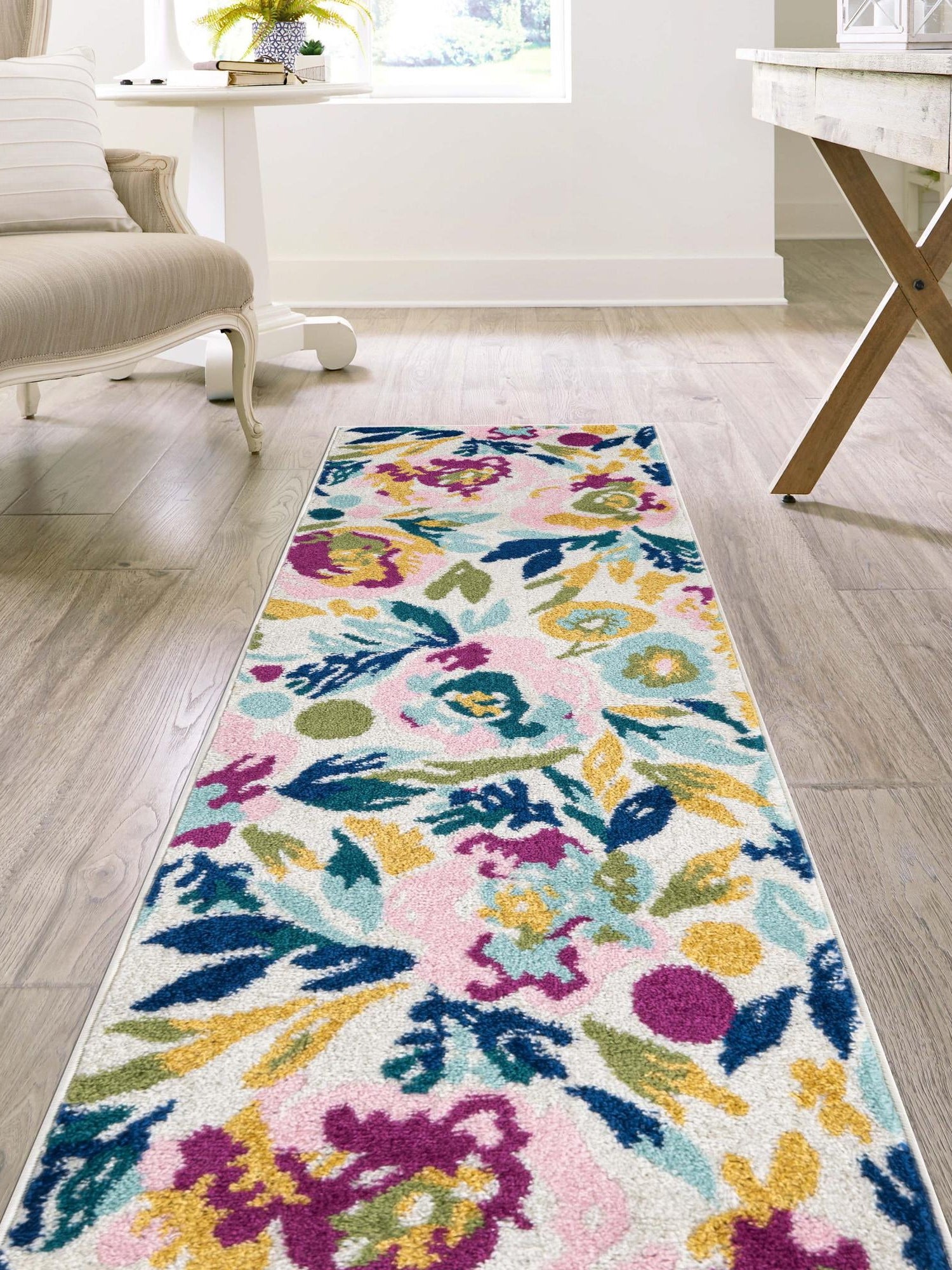 White 2' 7 x 12' Bloom Runner Area Rug 100% Polypropylene With Cotton Backing Easy Clean Colorful Blooming Flower Floral Carpet for Living Dining Room Office Dorms for Sale at Rug Engine