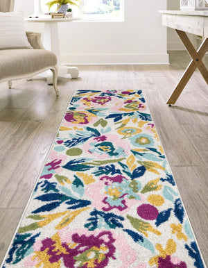 White 2' 7 x 12' Bloom Runner Area Rug 100% Polypropylene With Cotton Backing Easy Clean Colorful Blooming Flower Floral Carpet for Living Dining Room Office Dorms for Sale at Rug Engine