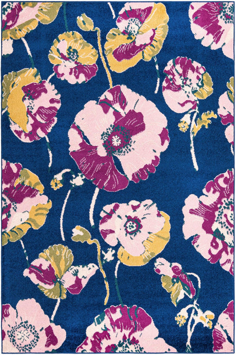 Navy Blue 6' x 9' Bloom Rectangle Area Rug 100% Polypropylene With Cotton Backing Easy Clean Colorful Blooming Flower Floral Carpet for Living Dining Room Office Dorms for Sale at Rug Engine