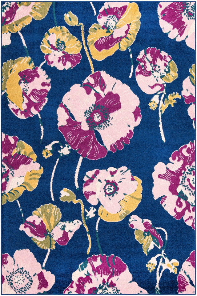 Navy Blue 6' x 9' Bloom Rectangle Area Rug 100% Polypropylene With Cotton Backing Easy Clean Colorful Blooming Flower Floral Carpet for Living Dining Room Office Dorms for Sale at Rug Engine