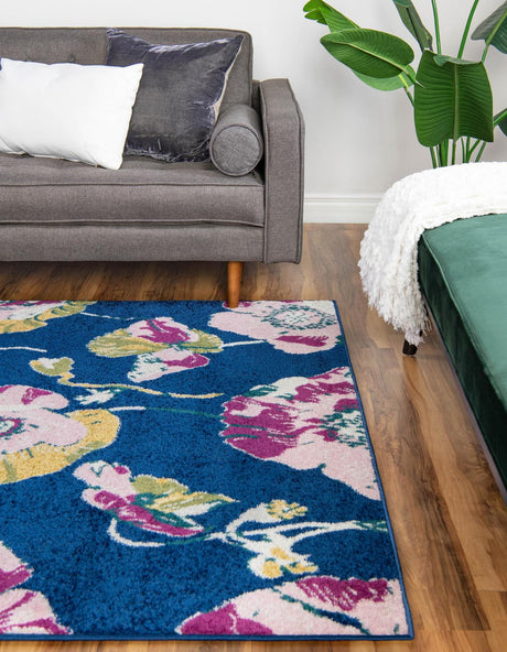 Navy Blue 6' x 9' Bloom Rectangle Area Rug 100% Polypropylene With Cotton Backing Easy Clean Colorful Blooming Flower Floral Carpet for Living Dining Room Office Dorms for Sale at Rug Engine
