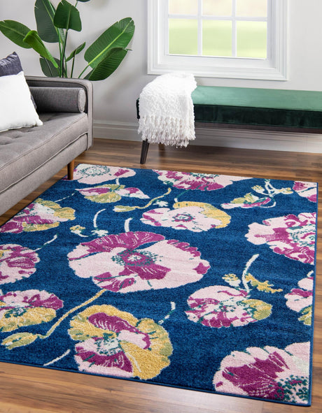 Navy Blue 5' 3 x 8' Bloom Rectangle Area Rug 100% Polypropylene With Cotton Backing Easy Clean Colorful Blooming Flower Floral Carpet for Living Dining Room Office Dorms for Sale at Rug Engine