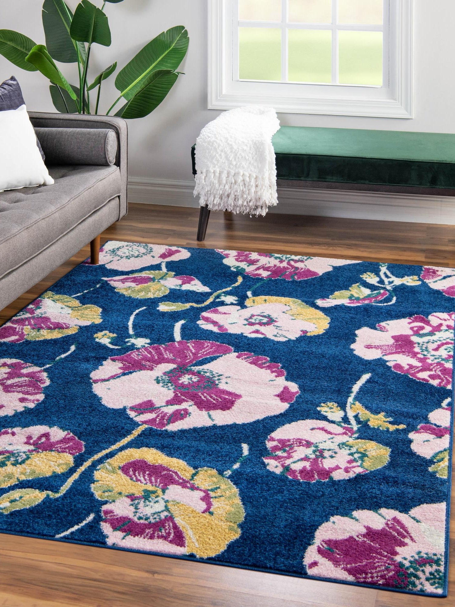 Navy Blue 9' x 12' Bloom Rectangle Area Rug 100% Polypropylene With Cotton Backing Easy Clean Colorful Blooming Flower Floral Carpet for Living Dining Room Office Dorms for Sale at Rug Engine