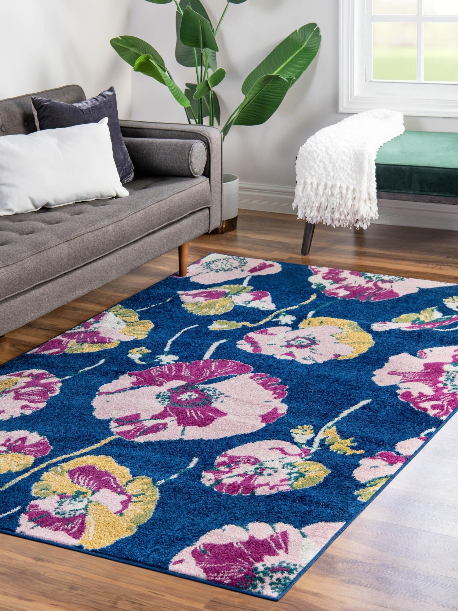 Navy Blue 5' 3 x 8' Bloom Rectangle Area Rug 100% Polypropylene With Cotton Backing Easy Clean Colorful Blooming Flower Floral Carpet for Living Dining Room Office Dorms for Sale at Rug Engine