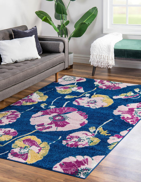 Navy Blue 5' 3 x 8' Bloom Rectangle Area Rug 100% Polypropylene With Cotton Backing Easy Clean Colorful Blooming Flower Floral Carpet for Living Dining Room Office Dorms for Sale at Rug Engine