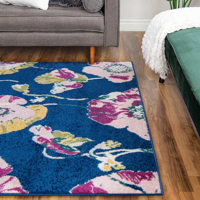 Navy Blue 6' x 9' Bloom Rectangle Area Rug 100% Polypropylene With Cotton Backing Easy Clean Colorful Blooming Flower Floral Carpet for Living Dining Room Office Dorms for Sale at Rug Engine