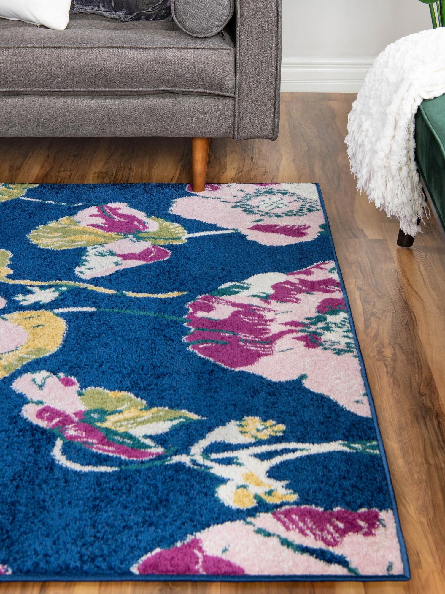 Navy Blue 5' 3 x 8' Bloom Rectangle Area Rug 100% Polypropylene With Cotton Backing Easy Clean Colorful Blooming Flower Floral Carpet for Living Dining Room Office Dorms for Sale at Rug Engine