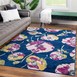Navy Blue 6' x 9' Bloom Rectangle Area Rug 100% Polypropylene With Cotton Backing Easy Clean Colorful Blooming Flower Floral Carpet for Living Dining Room Office Dorms for Sale at Rug Engine