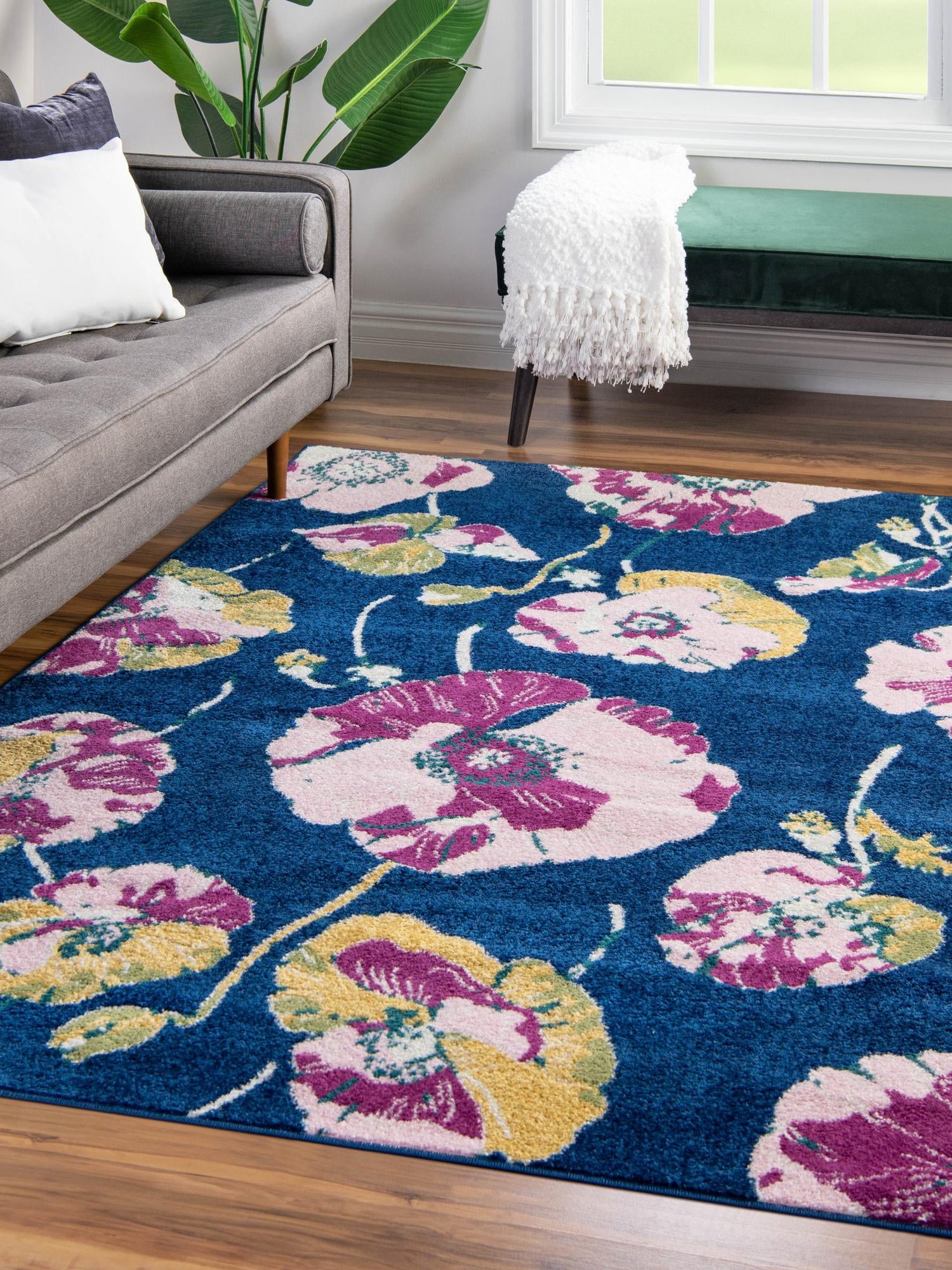 Navy Blue 4' x 6' Bloom Rectangle Area Rug 100% Polypropylene With Cotton Backing Easy Clean Colorful Blooming Flower Floral Carpet for Living Dining Room Office Dorms for Sale at Rug Engine