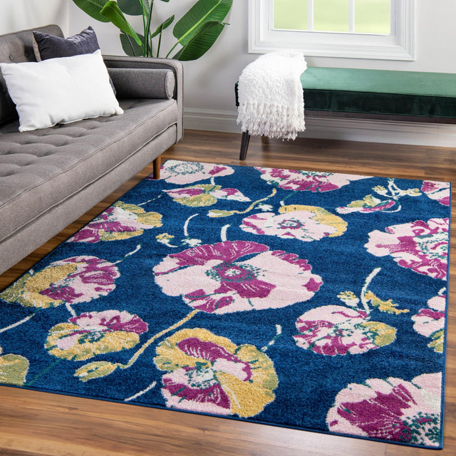Navy Blue 3' x 5' 3 Bloom Rectangle Area Rug 100% Polypropylene With Cotton Backing Easy Clean Colorful Blooming Flower Floral Carpet for Living Dining Room Office Dorms for Sale at Rug Engine